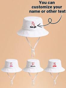 1pc Kids White & Pink Rose Letter Graphic Bucket Hat With Drawstring, Customizable 26 Letters, Can Customize Name, Birthday, Family Text, Fashionable Soft Delicate Lightweight Sun Protection, Practical Gift For Birthday And Holidays, Suitable For Boys And Girls Outdoor, Fishing, Hiking, School In Spring And Summer - White - View 3