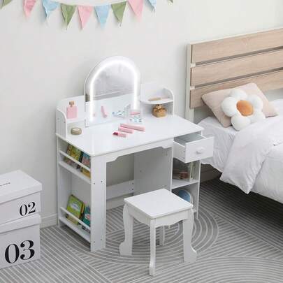 Vanidad para niños con Espejo Iluminado y Taburete, Cambiador para niñas pequeñas y Maquillaje de Madera con luz LED Ajustable, estantería, cajón de Almacenamiento y estantes para niñas de 3