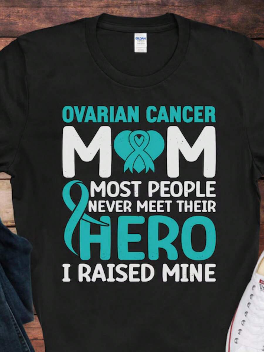 Ovarian Cancer Mom T-Shirt _ Ovarian Cancer Awareness Tee _ Gift For Ovarian Cancer Awareness Month - 黑色 - 查看 1