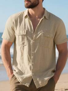 Loose Breathable Casual Linen Multi-Pocket Button-Up Short Sleeve Shirt - Khaki - View 3