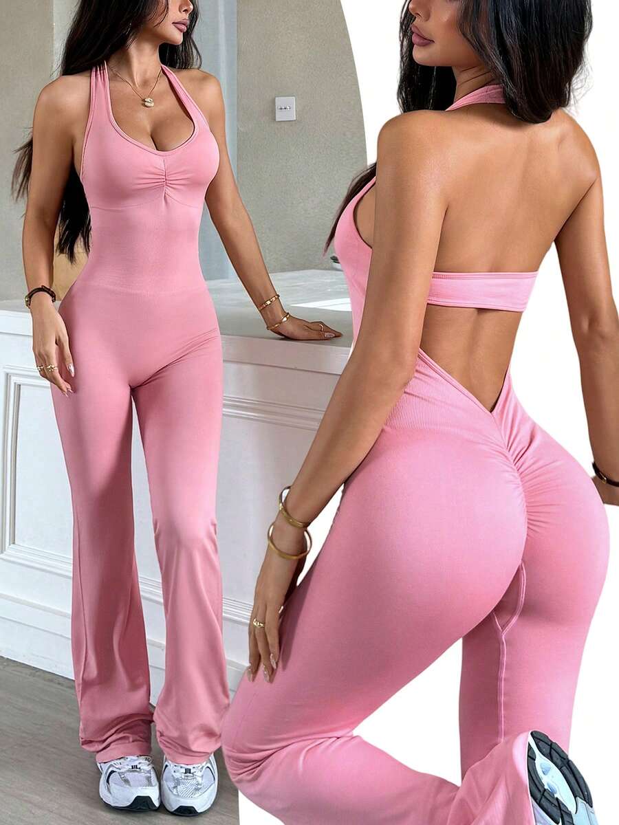 TCVC [Thiết kế cổ yếm liền thân | Lưng hở gợi cảm | Jumpsuit nâng ngực và ống rộng] Jumpsuit thời trang nữ, được làm từ chất liệu vải co giãn cao, thoáng khí, có thiết kế nâng ngực và hông 3D giúp tôn dáng, cổ yếm kết hợp với ống rộng tạo hiệu ứng thon gọn và kéo dài, phù hợp cho thể thao, đi làm, khiêu vũ, thư giãn và các dịp khác, đa năng và phong cách. - Hồng - Xem 1