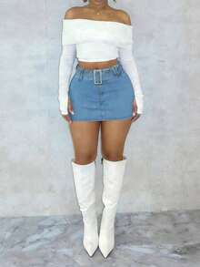 A Women's A-Line Denim Mini Skirt With A Belt Loop That Fits The Buttocks Is Suitable For Daily Sexy Outfits - 中等水洗藍 - 查看 3