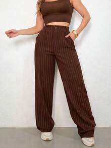 LIN SERVIÇOS, REF: H932 - Women's Striped High-Waisted, Wide-Leg Trousers, Ideal For Casual And Formal Looks. Lightweight, Stylish And Elegant, They Offer Comfort And Sophistication For Various Occasions. - 巧克力棕 - 查看 3