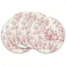 4-Piece  Style Pink Pattern Placemats - Vintage French Rococo Design With Floral And Pastoral Scenes, 15.0x 15.0inch Reusable Linen Table Mats, Suitable For Dining Rooms, Elegant Home Decoration Gifts, Parties - 彩色 - 查看 2