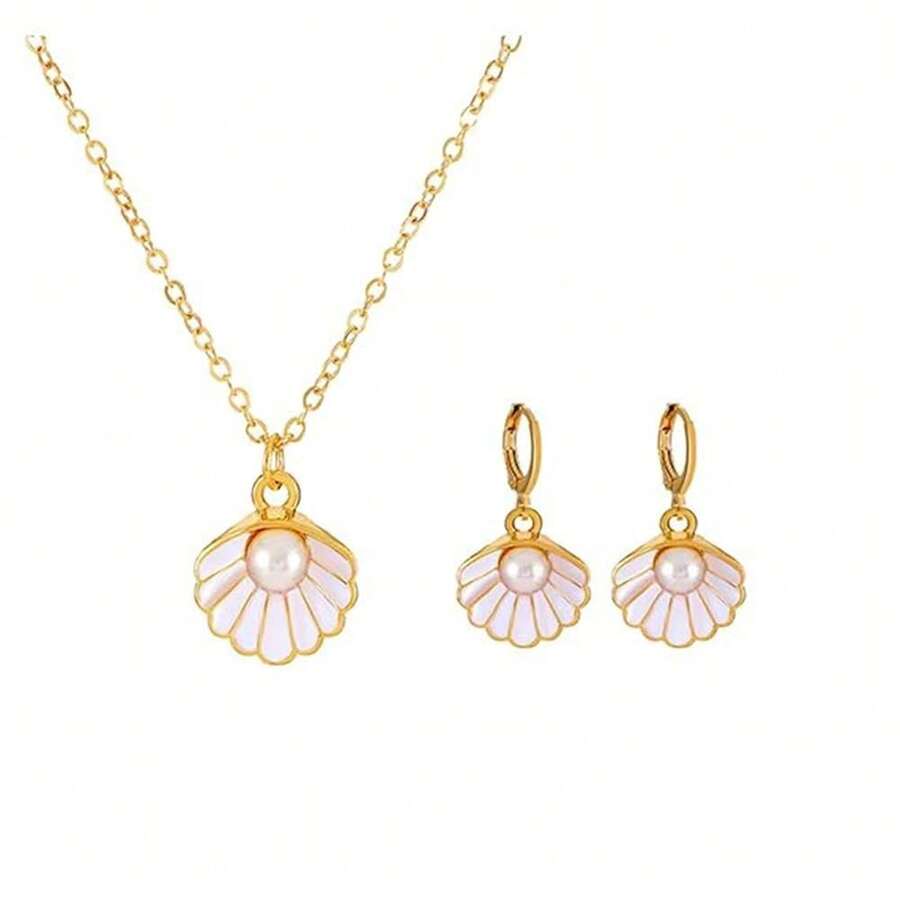 Seashell Pearl Pendant Necklace Gold Plated Boho Enamel Pink Blue Scallop Sea Shell Starfish Ocean Animal Chain Necklace For Women Hawaiian Summer Beach Holiday Fashion Jewelry Gifts - 白色首飾套裝 - 查看 1
