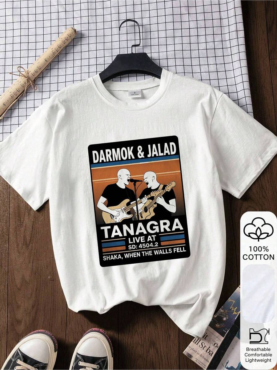 Darmok & Jalad Retro Live Concert At Tanagra Two Guitarists Themed Fun Design Comfortable And Soft Women's Short Sleeve Casual Shirt Ideal Gift For Music Fans Unique Graphic Print -1 - 白色2 - 查看 1