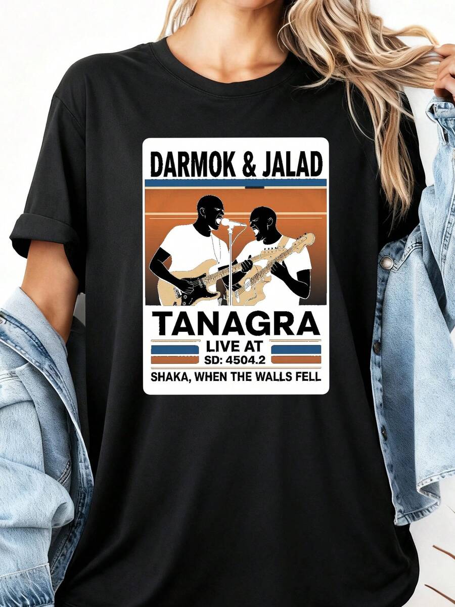 Darmok & Jalad Retro Live Concert At Tanagra Two Guitarists Themed Fun Design Comfortable And Soft Women's Short Sleeve Casual Shirt Ideal Gift For Music Fans Unique Graphic Print -1 - 黑色2 - 查看 1