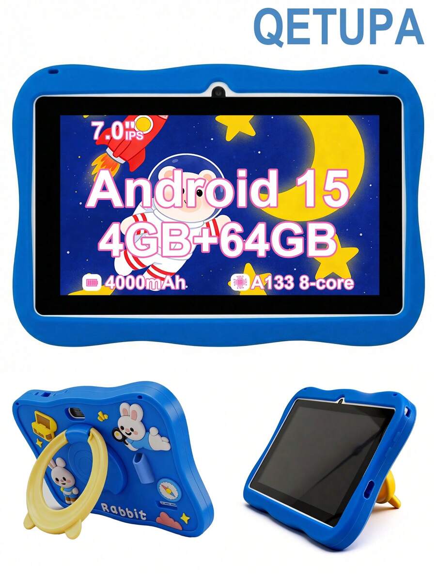 Qetupa Tablet Anak Android 15 7 Inci, Desain Kelinci, Dengan Casing Pelindung Anti Guncangan, RAM 4GB + ROM 64GB (Mendukung Penyimpanan yang Dapat Diperluas hingga 1TB), Layar Sentuh IPS 1024*600, Baterai 4000mAh, Kamera Ganda 0.5MP + 2.0MP (Adaptor Tidak Termasuk) - Biru - View 1