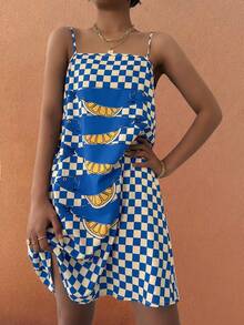 波西米亚风无袖格子/沙丁鱼印花A字连衣裙，适合休闲海滩度假、早午餐等场合，春夏派对优雅之选。 - 藍色 - 查看 3