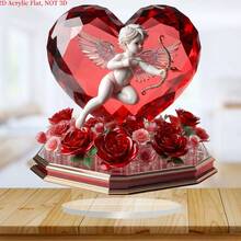 Adorno de corazón de cristal de ángel de San Valentín en 2D plano con base de rosa - Un tema de amor romántico - Hecho de acrílico 2D, perfecto para la decoración del hogar y la cafetería, un regalo ideal para las fiestas. - Multicolor - Ver 6