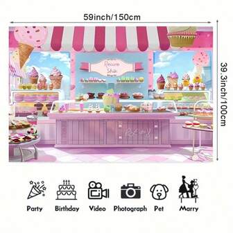 A Charming Ice Cream Shop, With Soft Pink, Blue And Yellow Colors, Equipped With Cupcakes And Floral Decorative Polyester Materials, Without Power Supply, Suitable For Multi-Functional Decoration Of Parties And Activities, And Various Scenes To Choose From.