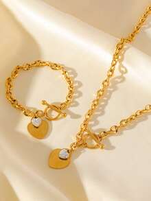 1 Set Fashionable Stainless Steel Double Heart Necklace & Bracelet Jewelry Set, Waterproof, Suitable For Holiday Gifts