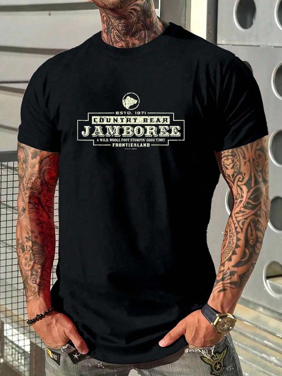 100% Pure Cotton Vintage Classic Country Bear Jamboree Theme Park Series T-Shirt Casual Street Printed T-Shirt For Men - màu đen - Xem 1