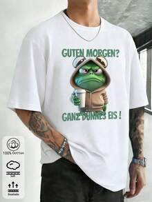 Camiseta blanca 100% algodón para hombre, diseño gráfico único de rana, estilo universitario casual adecuado para uso diario, al aire libre, deportes, vacaciones, versátil - Blanco - Ver 3