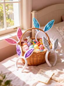 3pcs Glitter Plush Bunny Headband - Holiday Easter & Festive Decor, Shiny Ears And Fluffy Tail, Perfect For Parties And Celebrations, Holiday Headband | Shiny Ears | Soft Material, Bunny Accessory - Multicolor - View 3