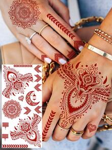 1 Sheet Ramadan Mubarak Kareem Red Brown Henna Pendant Temporary Tattoos For Women Hands Crescent Moon Tattoo Sticker, Ramadan Fake Tattoos Fingers Feet Mehndi Mandala Pendant Decals Islam Muslim Eid Al-Fitr Accessories - Brown - View 10