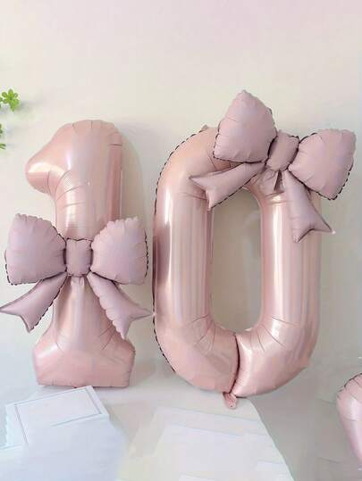 3个/套 大号哑光浅粉色数字气球，带粉色蝴蝶结，派对气球套装，适用于生日派对、聚会装饰、周年纪念、节日庆典、背景装饰、户外派对氛围、拍照装饰气球用品。