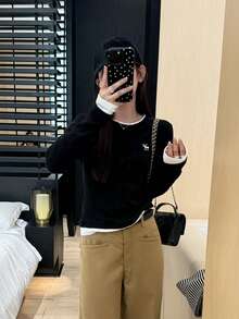 Áo thun dài tay 2 trong 1 thêu hình hươu - màu đen - Xem 2