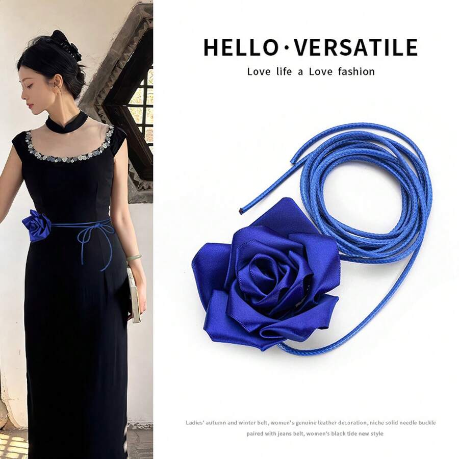 1 Satin Rose Flower Waist Accessory Women's Fashionable Artistic Retro Tie Accessory Necklace Belt - 黑色 - 查看 1