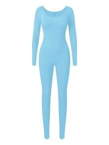 AiTyi 女士连体裤，修身休闲纯色U领时尚性感修身款，舒适百搭，适合户外运动通勤，Y2K风格，适合海滩派对、乡村度假、节日庆典、毕业典礼、狂欢节、复活节、母亲节等场合，春夏弹力针织长袖连体裤 - 湖藍 - 查看 4