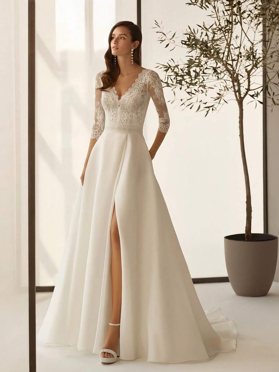 Sophisticated 3/4 Sleeve Lace V-Neck Satin Gown With Side Slit & Subtle Train, Wedding Dresses For Bride, Elegant And Comfortable, Includes Plus Sizes, Bridal Gown, Formal Dresses For Women, Suitable For Wedding, Party, Vacation, Bride, Formal Occasions, Dinner Dress, Prom Dress, After-Party Dress, Homecoming Dress, Cocktail Party, Birthday Party, Celebration, Gala, Festival, Ceremony, White - 白色 - 查看 1