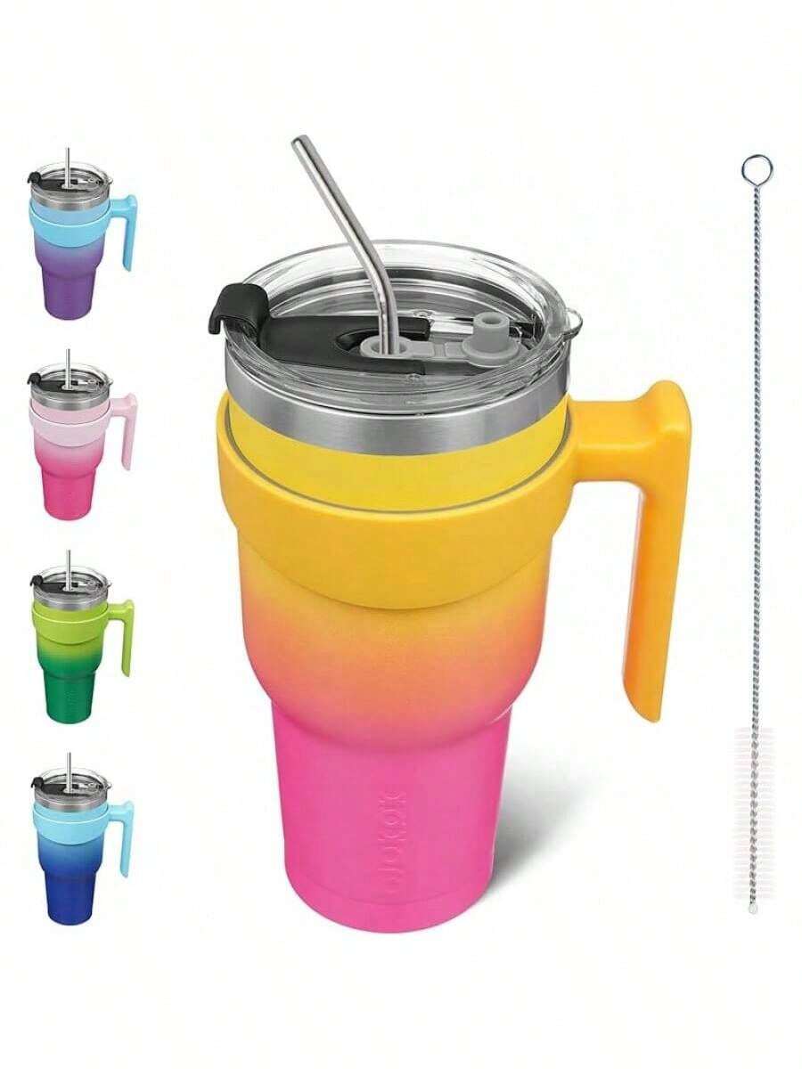 Vaso de  con asa de acero inoxidable con tapa y popote para mujer, color verde lavanda - Rosas rosas y amarillas - Ver 1