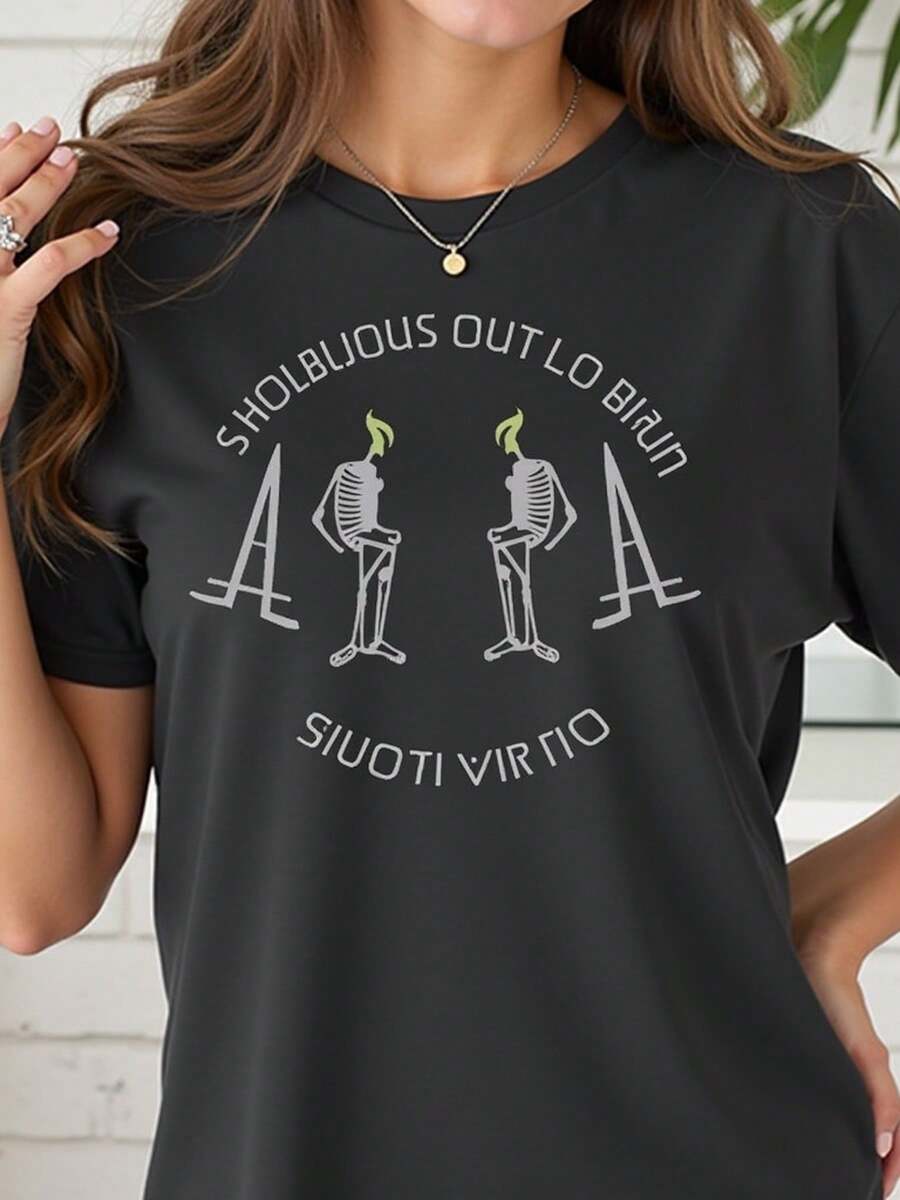Camiseta casual de algodón estampada para mujer con diseño de figuras esqueléticas flamantes, estilo minimalista y relajado, perfecta para verano y uso cotidiano, disponible en color negro y varias tallas, ropa femenina, moda urbana. - Negro - Ver 1