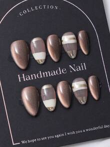 10 Stücke/Set handgemachte kurze mandelförmige Nagel Aufkleber im Y2K Mokka Braun Stil & handgefertigtes Farbverlauf Feiner Glitzer Streifen Muster Design für Nageldekoration. 1 Stück Gelee Gel und 1 Stück Nagelfeile. Perfekt für den Alltag sowie Coachella Musikfestival Party Outfits, Aufklebe-Nägel und Nagelpflege Produkte. Handgemachte Aufklebe-Nägel Nagelpflege Zubehör - Mokka-Braun - Übersicht 3