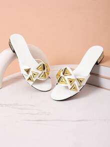 新款女士夏季平底拖鞋，铆钉装饰宝石图案低跟拖鞋，休闲露趾沙滩拖鞋，适合户外日常度假穿着 - 白色 - 查看 8