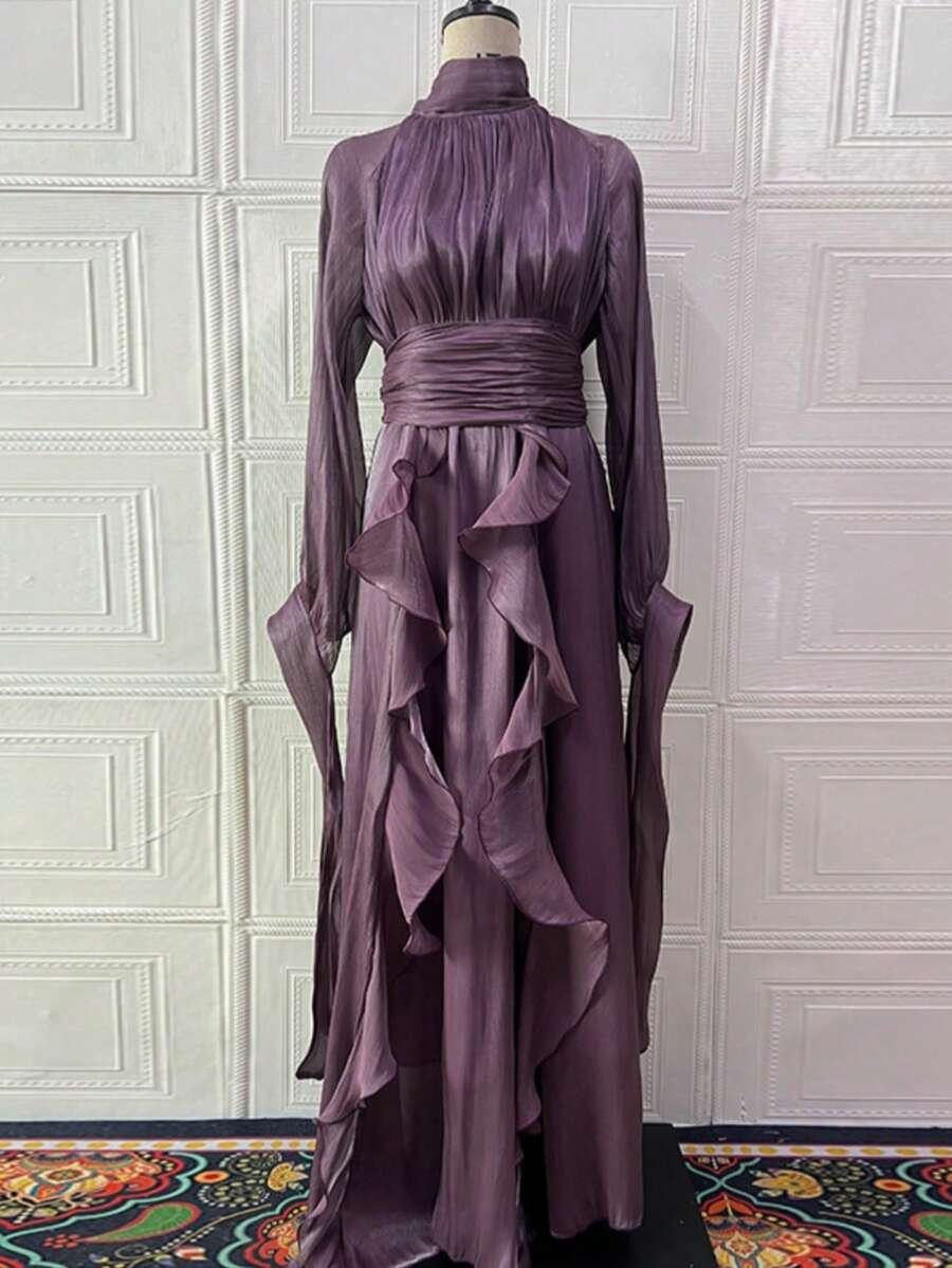Vestidos Elegantes De Mujer,Women's Elegant And Stylish Ruffled Fitted Dress - 紫色 - 查看 1