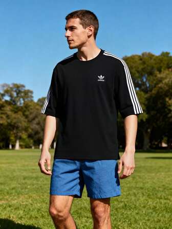 Adidas Originals 3ストライプコットン通気性半袖オーバーサイズブラックTシャツ、シンプルでゆったりとしたメンズトレーニング半袖アウトドアスポーツカジュアルTシャツ、IZ1832