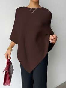 时尚纯色罗纹不对称下摆斗篷毛衣，日常穿着，秋冬春季 - 棕色 - 查看 2