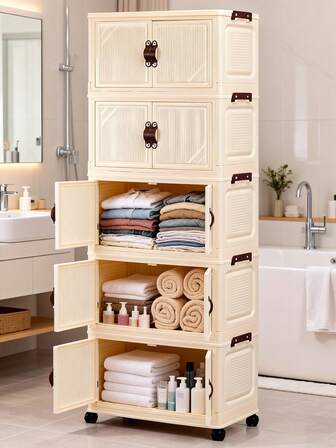 1pc 38cm-58cm Width Foldable Storage Cabinet, 1-5 Layers Selectable, Thickened Double Door With Wheels, Home Use No-Assembly Storage Rack, Organizer For Clothes & Toys, Plastic Folding Storage Cabinet