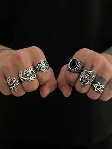 6 件朋克风格骷髅和星星设计戒指套装，适合男士日常休闲佩戴 - 復古銀色 - 查看 7