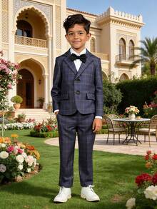 3pcs Tween Boy Plaid Suit Set, Autumn/Winter, Pageboy Outfit For Wedding, Baby's 1st Birthday, Piano Recital (Jacket + Pants + Bowtie) - Grey - View 1