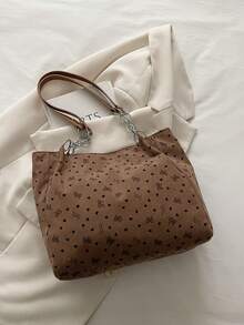 时尚大容量纯色毛绒单肩手提包，适合上学、旅行、购物、约会，女士礼物灯芯绒手提包，时尚链条单肩包，大容量毛绒手提包，书包，便携，大容量，轻便，适合青少年女孩、女性、大学生、中小学生、高中生、户外、旅行、郊游、工作、商务、通勤，饰有蝴蝶结和爱心图案 - 棕色 - 查看 7