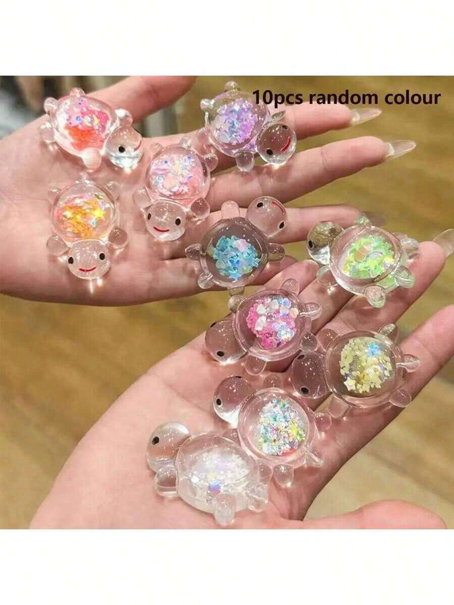 10pcs Glow-In-The-Dark Mini Sea Turtle Ornaments, Sea Turtle Figurines, Glow-In-The-Dark Mini Resin Animals, Cartoon Cute Glowing Little Sea Turtles, Built-In Shiny Sequins Design - Multicolor - View 1