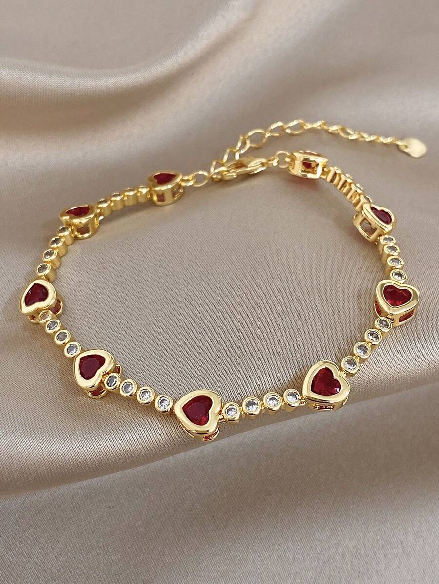 1Pc Retro Luxury Heart Ruby Red Bracelet, Multi-Color Zirconia,Copper Gold Jewelry Dainty Chain,For Women,Daily/Boho/Party/Christmas,Valentine Birthday - Multicolor - View 1