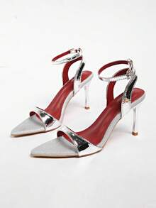 Europäischer und amerikanischer Stil Strass-Schnallen Stiletto-Absatz Sandaletten mit offenem Zehenbereich für Frauen - Silber - Übersicht 4