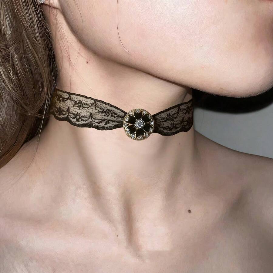 Brown, Lace, Vintage Choker Necklace, Women's, Retro Pearl, Heart Pendant, Clavicle Chain, Versatile Everyday Necklace. - 黑色花項圈32+7cm - 查看 1