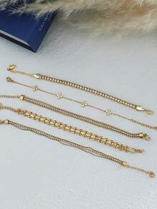 1pc Luxury Gold Stainless Steel Zirconia Bracelet, Versatile For Women's Daily Commute, Gathering With Friends, Romantic Festivals, Street Photography, Fashion Shows - Gold - View 7