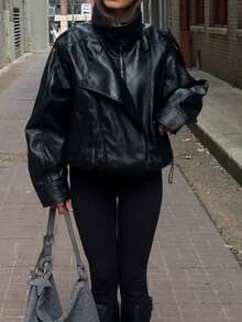 DEEKA 秋冬新款女士时尚皮夹克，简约百搭压纹皮衣，高端外套