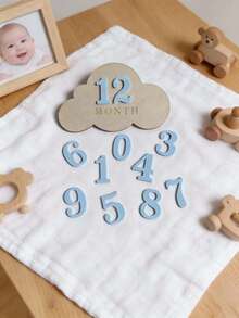 Placa de madeira em formato de nuvem para marcar marcos importantes do bebê, ideal para fotos de meninos. Presente perfeito para batizado de menina. - Baby Azul - Ver 1