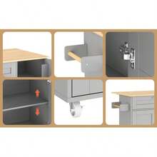Large Mobile Kitchen Table (L 132.5 X W 44(70) X H 90 Cm), Folding Worktop, Oak Finish, Multifunctional Unit With Spice Rack And Towel Rack, 5 Casters, Ideal For The Kitchen, Dining Room Or Home. - Grey - View 8