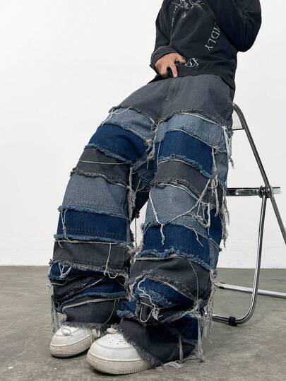 1 pieza Pantalones vaqueros anchos y sueltos de estilo casual con parches multicolor estilo vintage de Justice Brother, pantalones de mezclilla lavados de estilo retro americano de alta calle (cinturón y accesorios no incluidos)