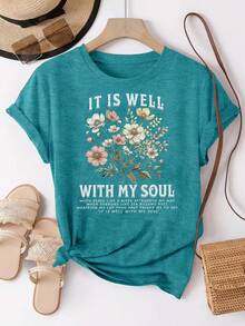 It Is Well' Vintage Floral Christian Hymn Print Women's Cotton T - Shirt, Spiritual Comfort Design, Everyday Wear - Sky blue - 查看 1