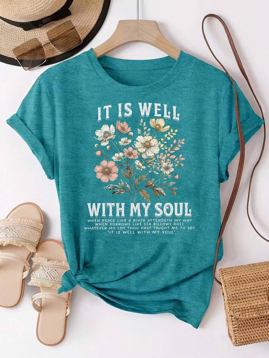 It Is Well' Vintage Floral Christian Hymn Print Women's Cotton T - Shirt, Spiritual Comfort Design, Everyday Wear - Sky blue - 查看 1
