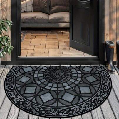 Luxurious Non-Slip Semi-Circular Entryway Mat - Heavy-Duty 5mm Thick Indoor Welcome Mat, Non-Slip Floor Mat For Front Door, Living Room, Balcony - Elegant Home Decor In Black/Gray/, Easy-To-Clean Surface, Rugs For Front Door, Intricate Geometric