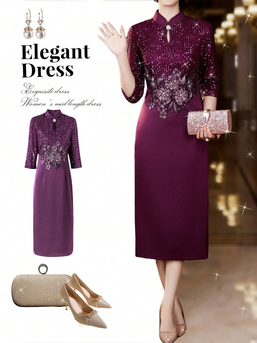 A Shimmering Sequined And Embroidered Three-Dimensional Floral Evening Gown, A New 2026 Style Cheongsam-Style Three-Quarter Sleeve Midi Dress With A Fitted Silhouette, A Pipa Collar, And An Over-The-Knee Design. Elegant Women's Attire, Featuring A Back Zipper. Suitable For All Seasons, Including Valentine's Day, Chinese New Year, And Other Occasions. Perfect For Everyday Wear, Casual Outings, Vacations, Events, Holidays, Weddings, Engagements, Ceremonies, Evening Gowns, Birthday Parties, Formal Occasions, Gift-Giving, Banquets, And Social Events. - 紫色 - 查看 1