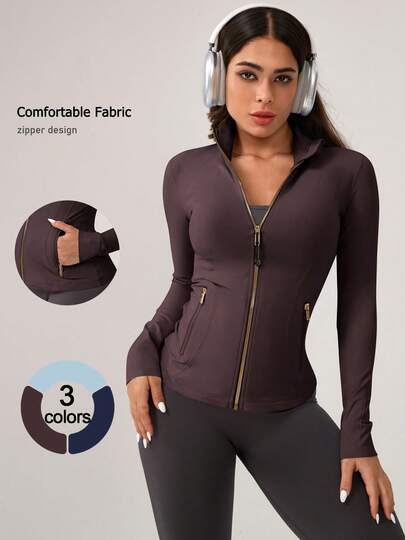 Leorrey 1pc Women's Seamless Slim Fit Fashionable Versatile Solid Color Stand Collar Zipper Pocket Casual Comfortable Fitness Workout Running Cycling Long Sleeve Sports Jacket